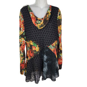 This & That Blouse Large Multicolor Mix Media Cowl Neck Crochet Patchwork Sheer